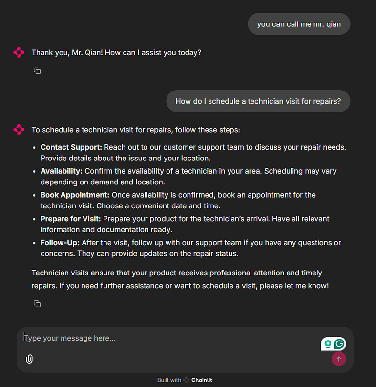 The post-sales agent takes over the user’s request and replies immediately.