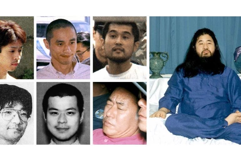 Members of Aum Shinrikyo (left), Shoko Asahara (right) Photo credits: https://www.aljazeera.com/news/2018/7/6/japan-hangs-doomsday-cult-members-who-attacked-subway-with-sarin
