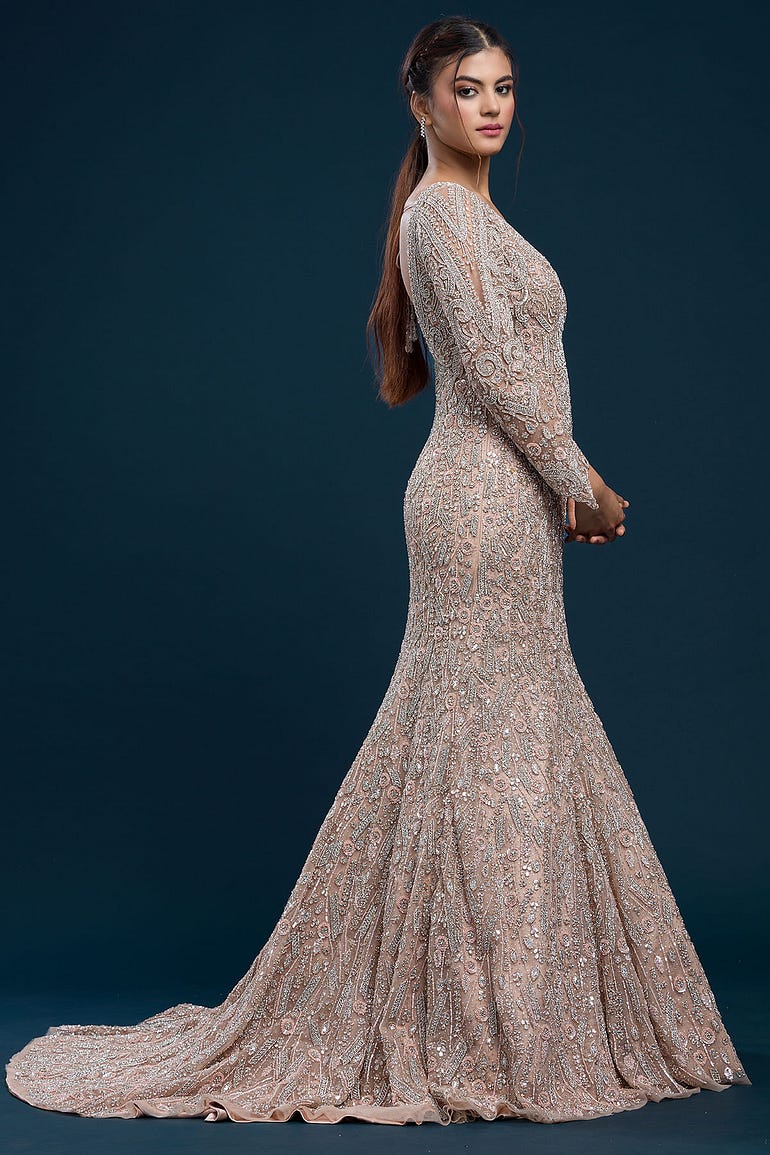 Dusty Peach Sequins Embroidered Net Reception Gown