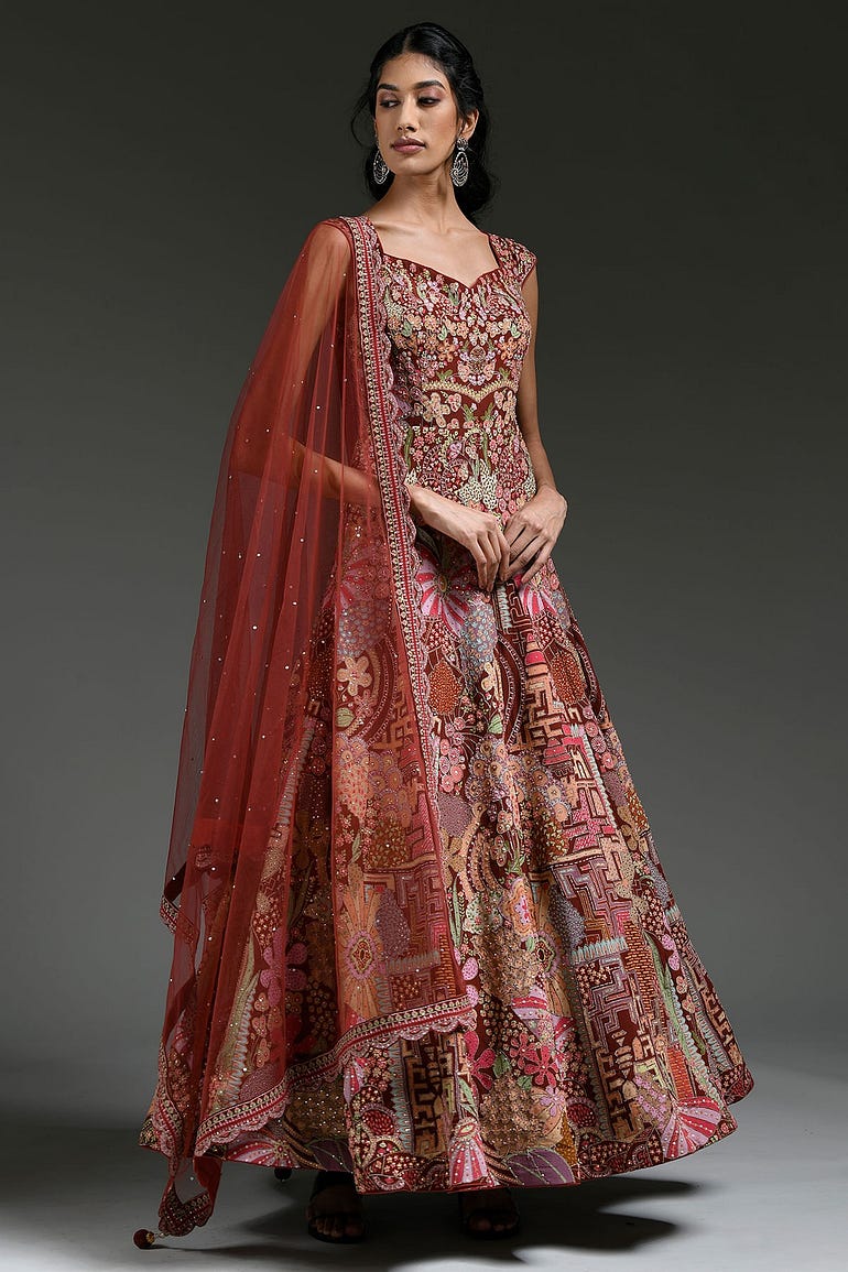 Cinnamon Brown Printed Silk Indowestern Gown