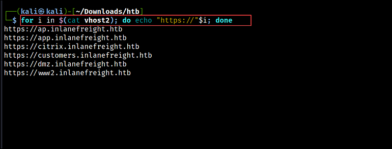 Figure 08-shows the use of a bash script to append HTTP/s to the list of identified subdomains. r3d-buck3t.com