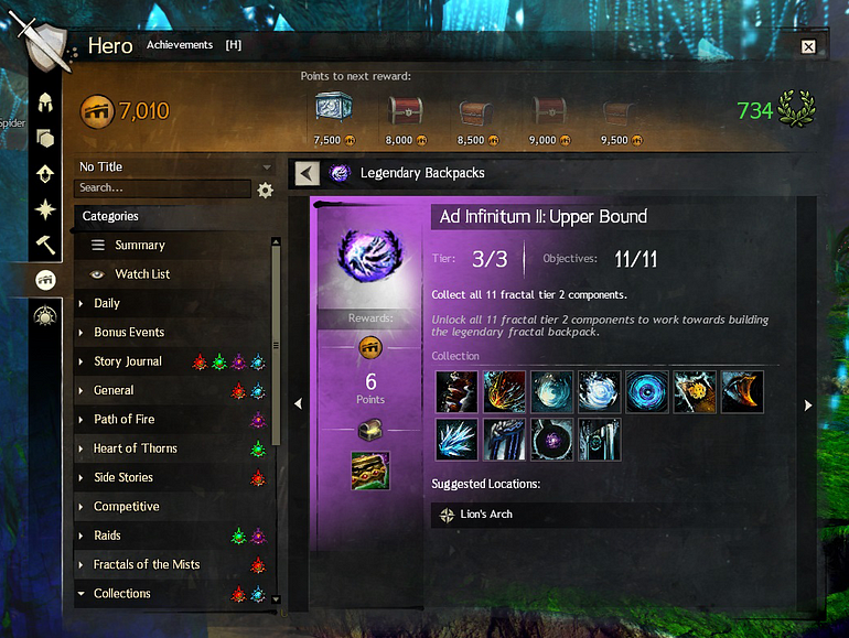 A screenshot of the Guild Wars 2 interface that shows the collection achievement for a legendary backpack. You can see a lot of items that each have very specific instructions to get them.