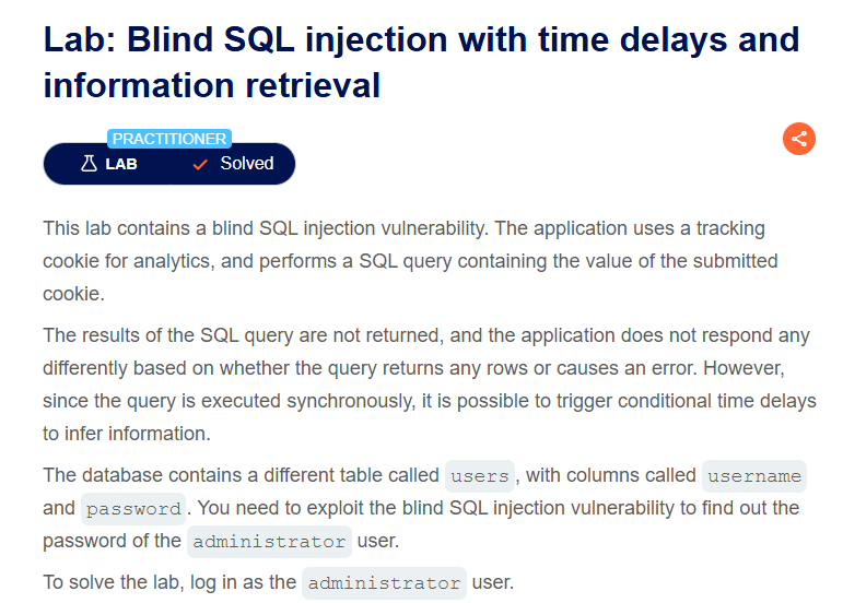 Write Up Lab: Blind SQL injection with time delays and information ...