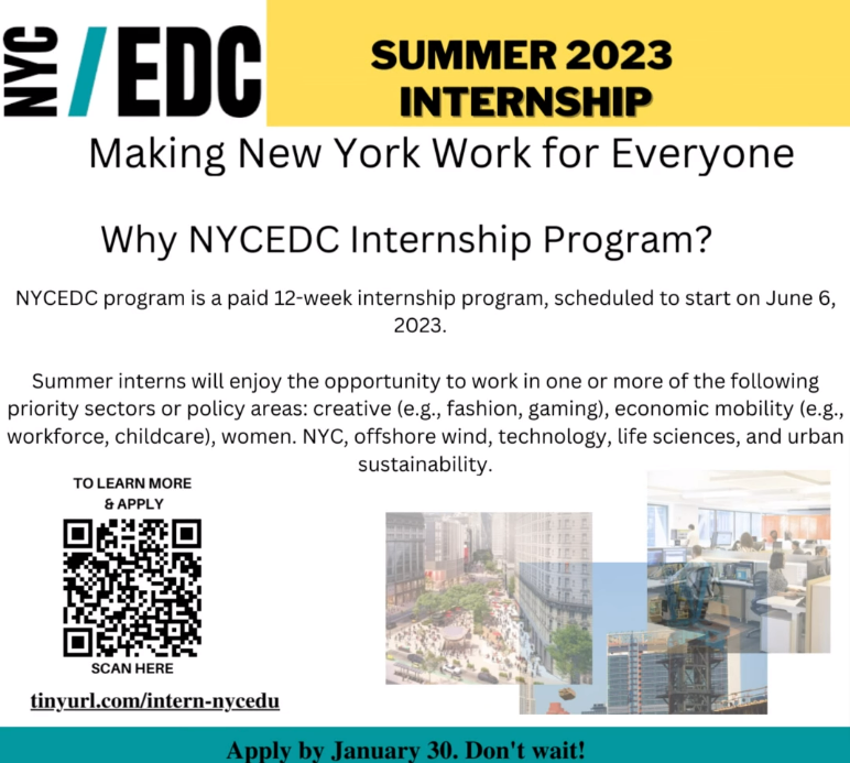 NYC EDC — Paid Summer Internship for College Students — Apply by 1/30