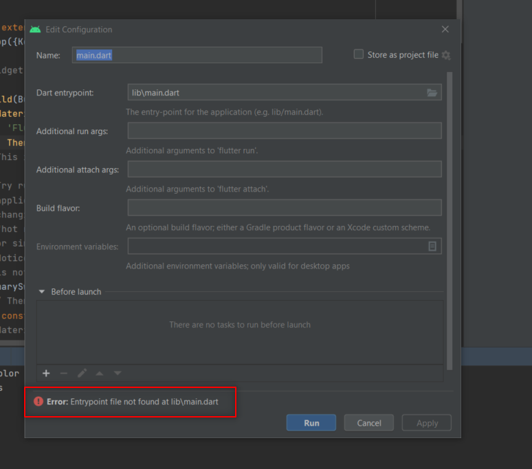 Solution for “AndroidStudio: Entrypoint file not found at main.dart” | by  Sean Atukorala | Medium