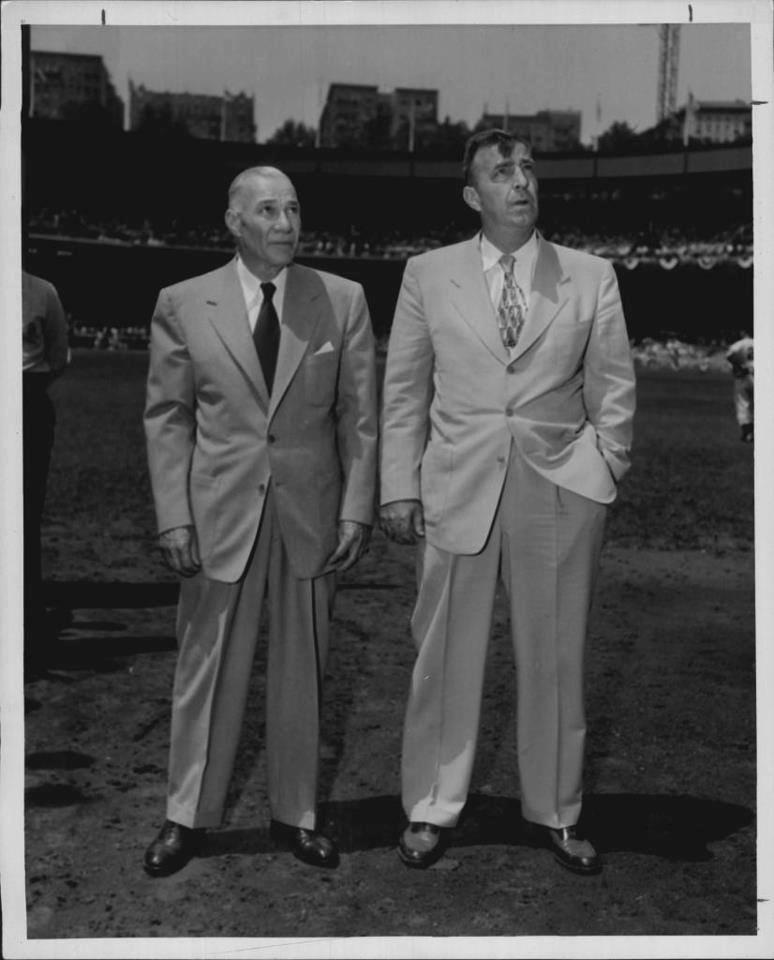 Merkle at right, with Larry Doyle at Polo Grounds, 1950
