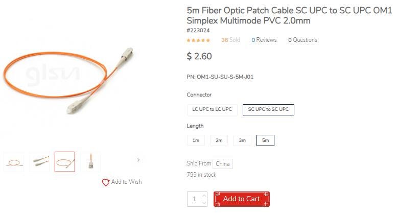 5m Fiber Optic Patch Cable SC UPC to SC UPC Simplex OM1