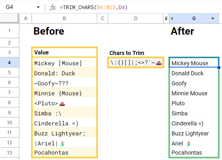 Named function📜 for Google Sheets. Trim Chars — Replace selected chars