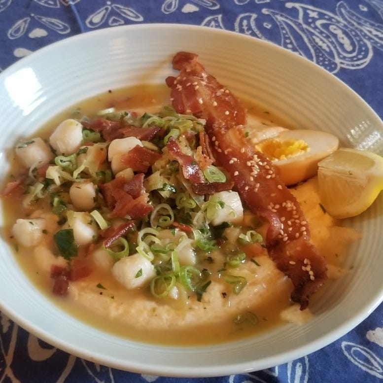 Bay scallops and grits with Worcestershire soft boiled egg and sesame bacon by Megan Gammack