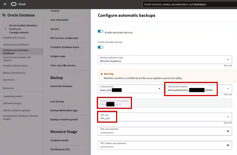 ADB@CC backup configuration