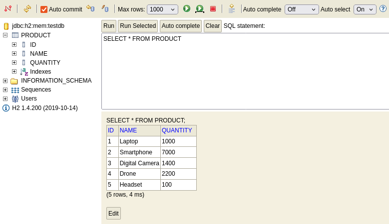 data stored in product table in h2 in-memory database