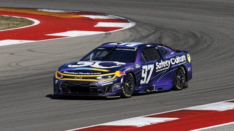 Trackhouse Racing’s Shane van Gisbergen charges through the field during Sunday’s Cup Series race at COTA. (Image Credit: Logan Riely | Getty Images)