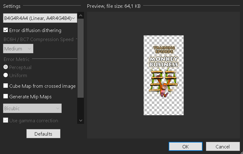 Settings to save the .dds file