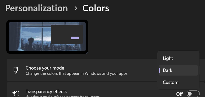 Selecting windows dark mode — screenshot by author