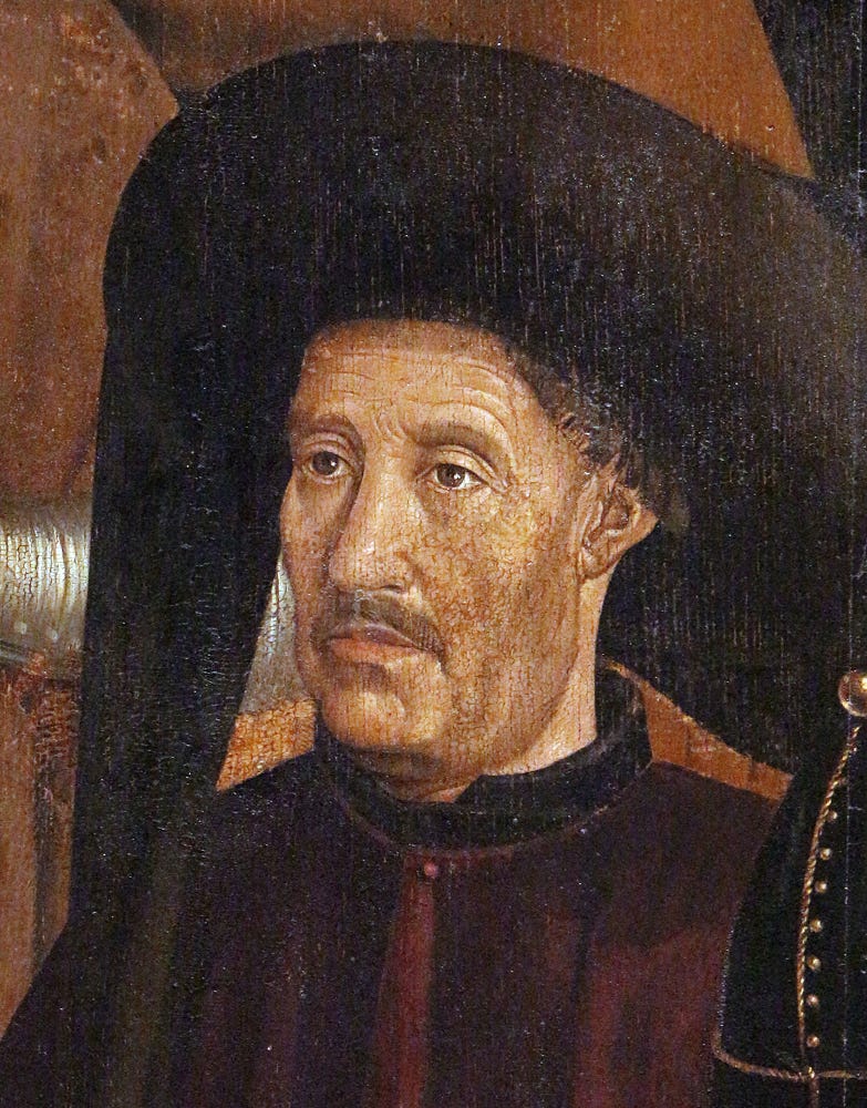 Detail of standing man with moustache and Burgundian-style chaperon in the “Panel of the Prince” (third panel of the St. Vincent panels, usually dated c.1470, attributed to painter Nuno Gonçalves) (source: Wikipedia. This figure is most commonly identified as Prince Henry the Navigator (died 1460, aged 66). Several scholars (e.g. Markl, 1994; Salvador Marques, 1998) have recently disputed this identification, and instead proposed this to be an image of King Edward of Portugal (d. 1438, aged 47), although this is not yet widely accepted.