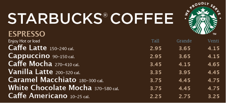 starbucks coffee menu