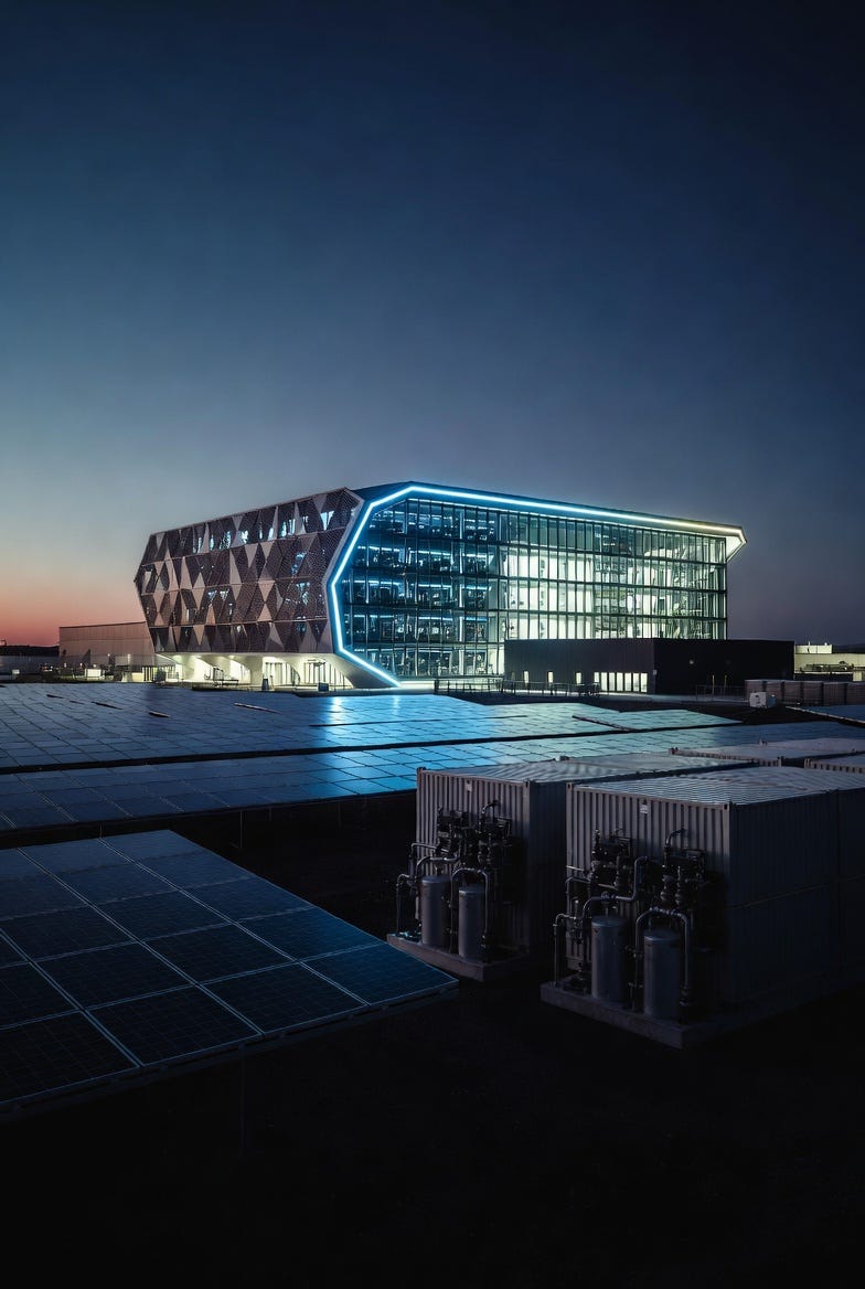 Grok Image — A futuristic data center glowing beside rows of solar panels and battery containers under a twilight sky.