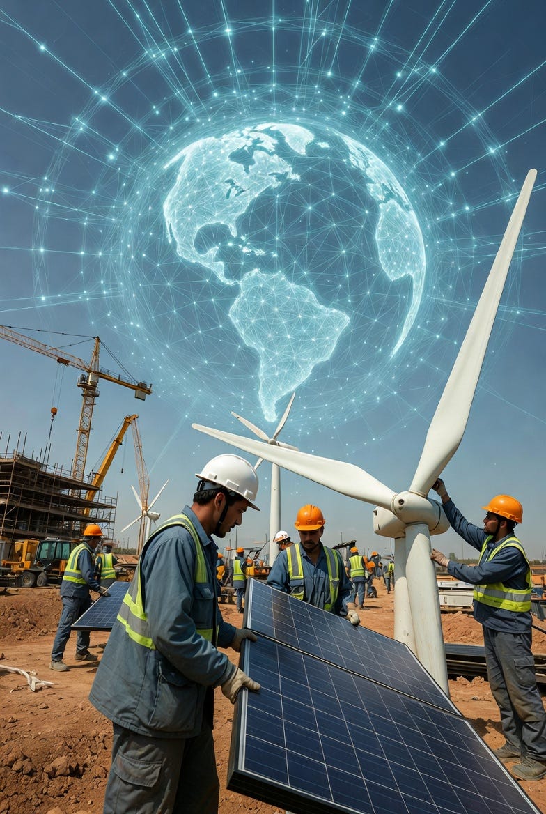 Grok Image — A high-impact editorial visual of workers installing solar panels and wind components, overlaid with a glowing global grid network.