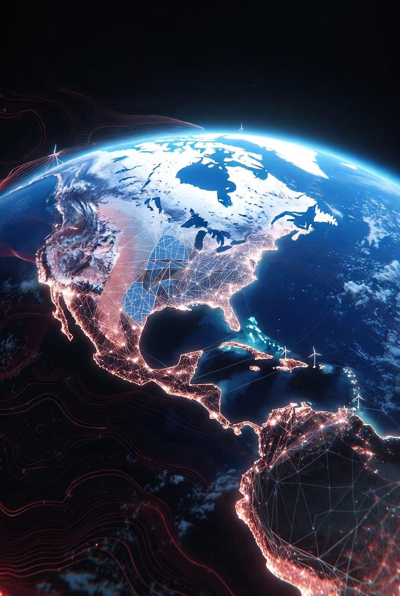 Grok Image — A powerful closing visual of Earth seen from space, overlaid with luminous renewable-energy grids and faint warning-red climate contours.
