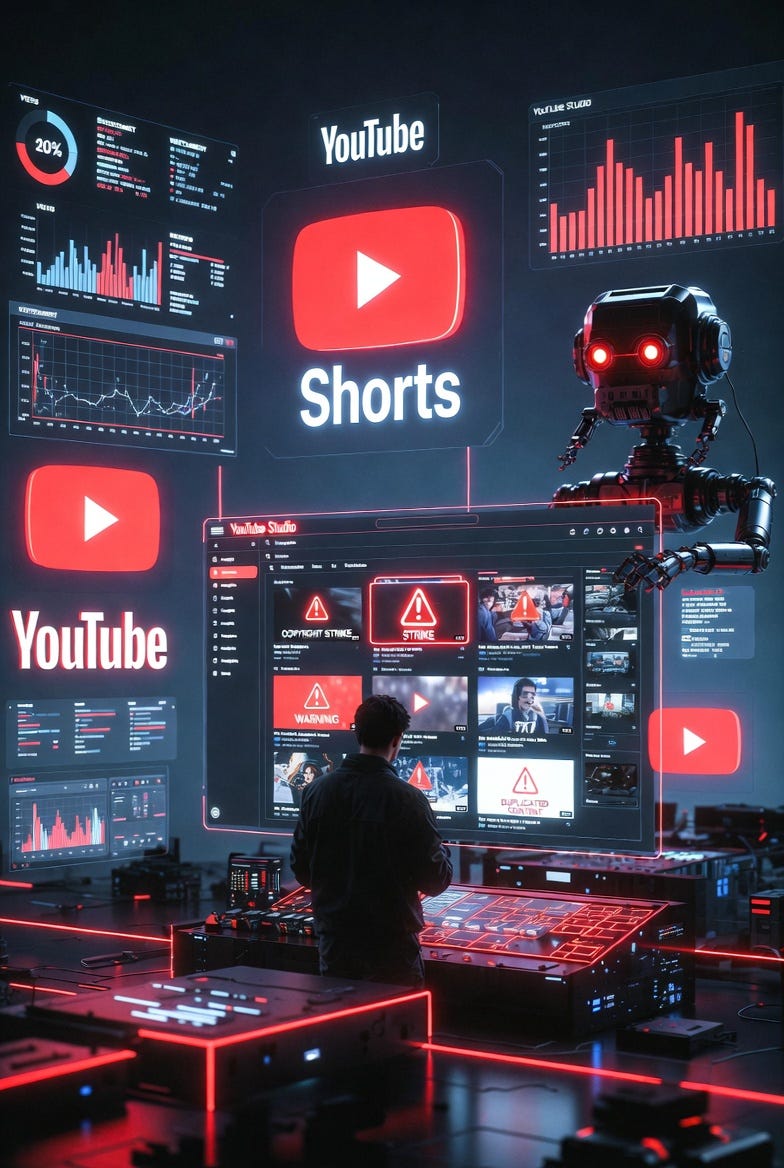 YouTube algorithm robot scanning duplicated videos with copyright alerts indicating reused content detection.