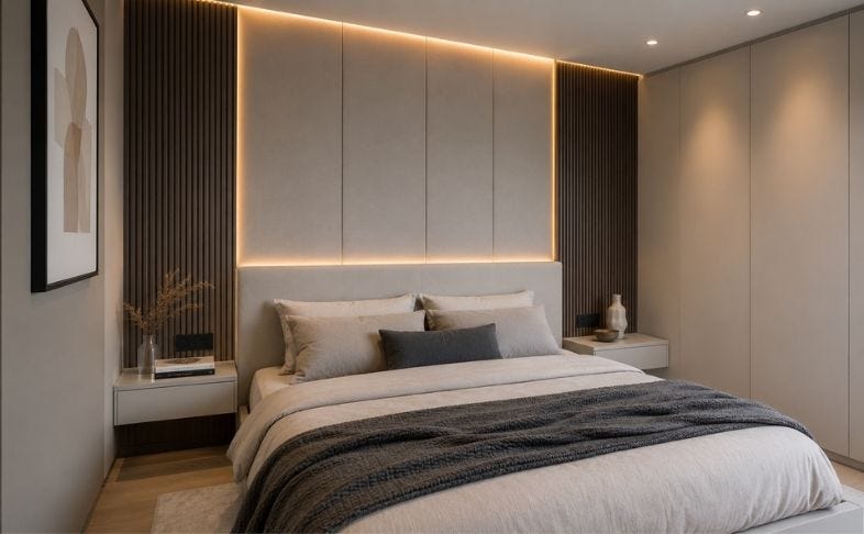 Mảng đầu giường phong cách Modern + Contemporary giúp tích hợp ánh sáng, vật liệu và công năng trong một hệ thống đồng bộ, tạo chiều sâu không gian và tối ưu trải nghiệm sử dụng trong phòng ngủ 10m2.