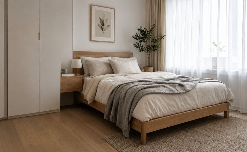 Góc giường cạnh cửa sổ phong cách Scandinavian + Cozy giúp tận dụng ánh sáng tự nhiên và vật liệu gỗ sáng để mở rộng cảm giác không gian, đồng thời tạo môi trường nghỉ ngơi ấm áp, dễ chịu cho phòng ngủ 10m2.