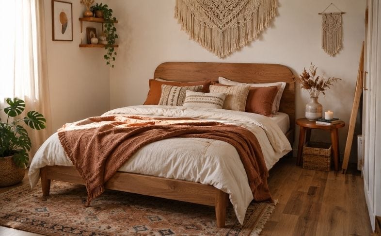 Góc giường, tường macrame phong cách Boho + Tropical nhẹ tạo nên không gian ấm áp, giàu texture và cá tính, đồng thời vẫn kiểm soát được độ thoáng để phòng ngủ 10m2 không bị rối hoặc nặng nề.