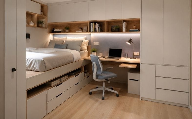 Khu vực giường kết hợp bàn làm việc phong cách Modern + Smart Living giúp tối ưu hóa công năng trong phòng ngủ 10m2 giữ được không gian gọn gàng, rõ ràng và dễ sử dụng.