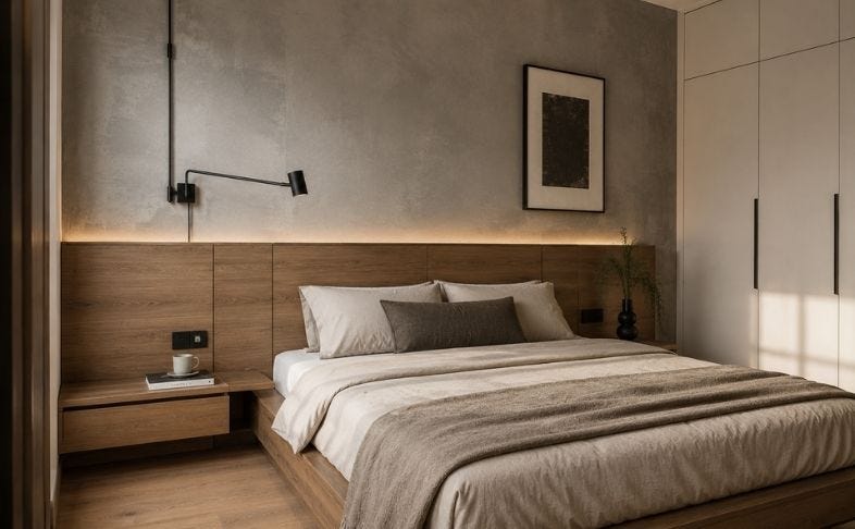 Mảng đầu giường phong cách Industrial + Modern (soft industrial) tạo điểm nhấn vật liệu rõ ràng nhưng vẫn giữ được sự ấm áp, giúp cân bằng thẩm mỹ và công năng trong không gian phòng ngủ 10m2.