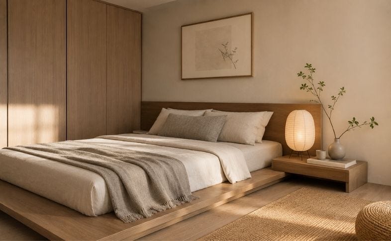 Góc giường thấp + tab nhỏ phong cách Japandi tạo cảm giác cân bằng, thư giãn nhờ vật liệu tự nhiên và bố cục thấp sàn, đồng thời tối ưu hóa không gian sử dụng trong phòng ngủ 10m2.