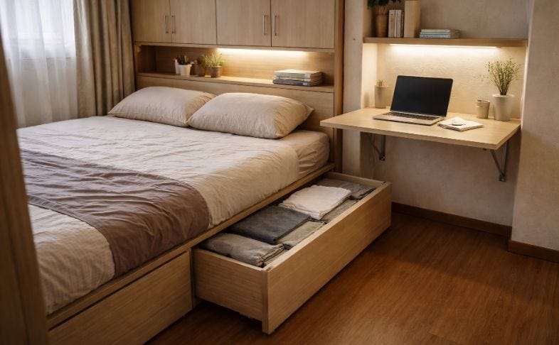 Khu giường tích hợp và bàn gấp tường phong cách Modern + Multi-functional giúp tối ưu lưu trữ và linh hoạt công năng, giảm tải diện tích sử dụng trong phòng ngủ 10m2.