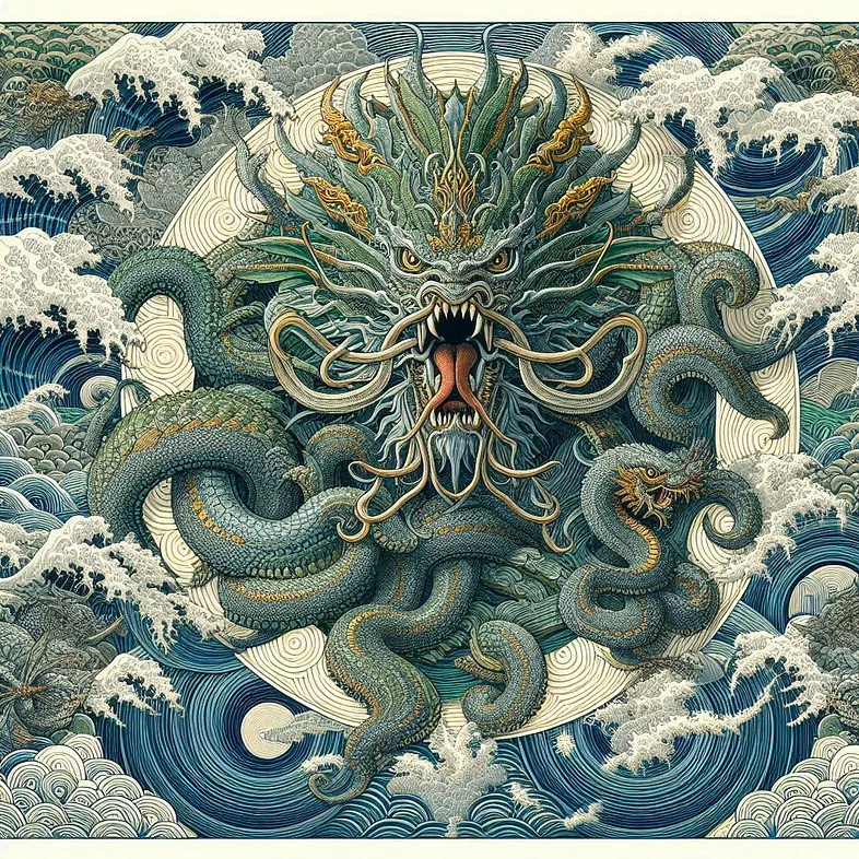 Кракен подсчитывает золотые монеты, стиль Утамаро с тёплыми тонами — кракен рефералка