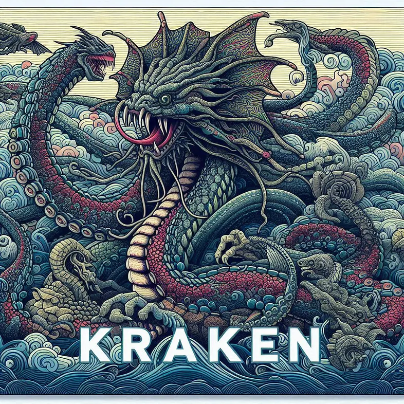 Тушь и акварель в стиле Хокусая: морское существо среди волн, kraken qr