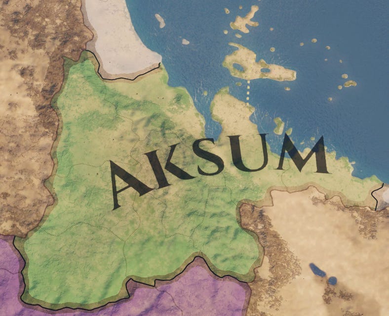 Rough geographical outline of the Aksumite Empire after GDRT’s initial conquests and uniting Habsesha city-states & peripheries.
