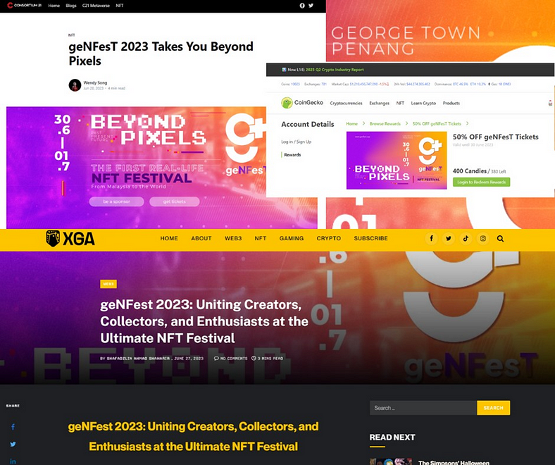 geNFesT information on Consortium 21, CoinGecko, and XGA websites