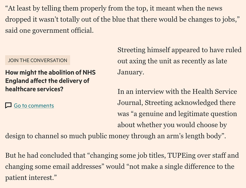 Discussion question mid FT article that asks “How might the abolition of NHS England affect the delivery of healthcare services?”