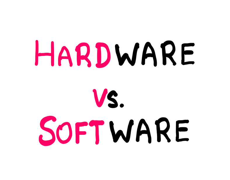 Hardware: The Unsung Hero Of The Tech World — An illustration displaying the sign “Hardware Vs. Software” One half of all the words are in pink, while the other half is in black.