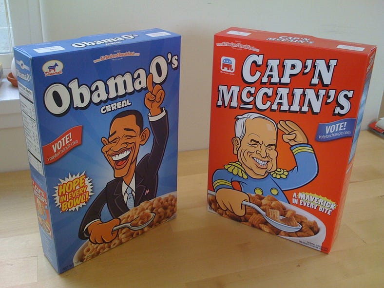 Cereal boxes of Obama O’s and Cap’n McCain’s