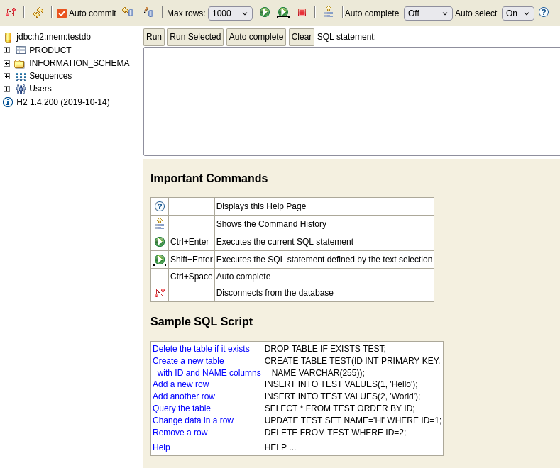 overview of available tables and schemas in h2 in-memory database