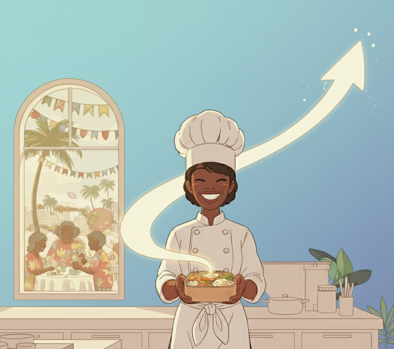#PraGeralVer: Chef sorridente segura tigela de comida fumegante. A fumaça forma uma seta para cima, com festa ao ar livre visível através de uma janela em arco ao fundo.