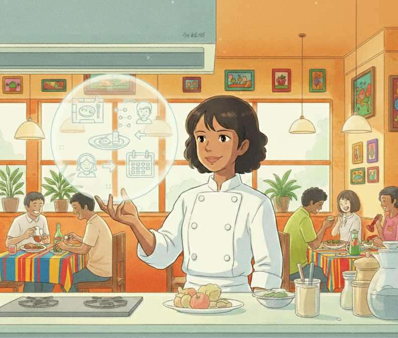 #PraGeralVer: Jovem chef de dólmã branco sorri na cozinha, com bolha de realidade aumentada exibindo ícones de gerenciamento de restaurante sobre sua mão estendida. Ao fundo, clientes comem em um restaurante movimentado.