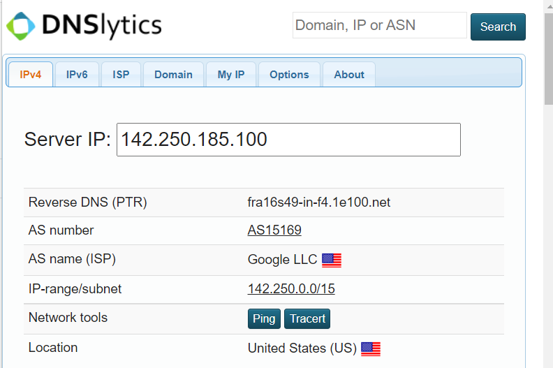 The results of a Whois lookup on the IP address of the Web servers that