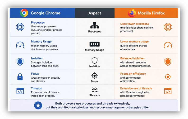 Although both browsers use processes and threads extensively, their architectural priorities differ