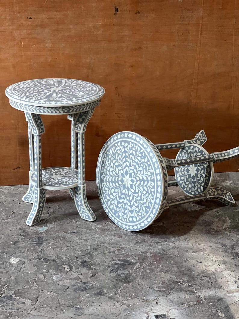Handmade Bone Inlay Accent Stool | Boho Side Stool | Indian Artisan Inlay Furniture | Decorative…