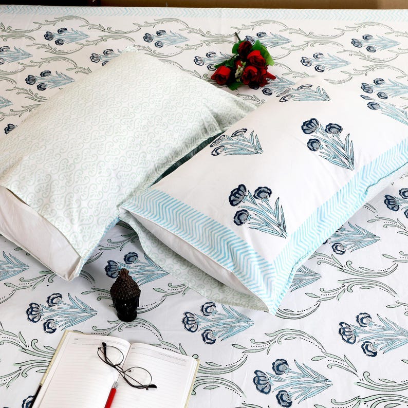 Hand Block Print Cotton Bedsheet, 100% Cotton Artisan Bedding, Indian Block Printed Bed Sheet, Boho…