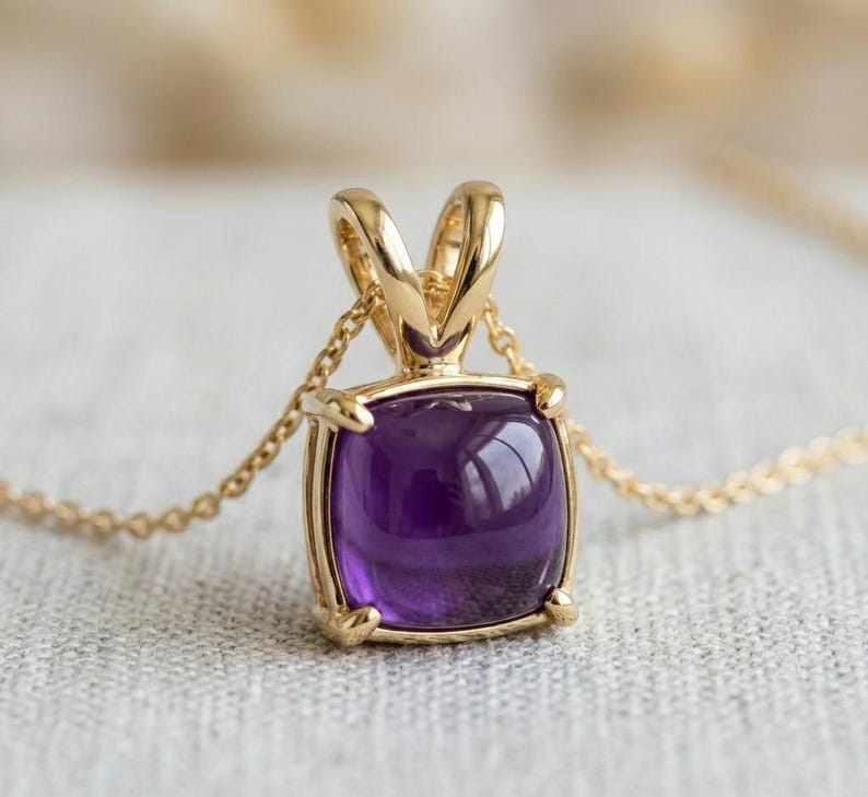 14K Gold Cushion Cut Amethyst Pendant, Minimalist Purple Gemstone Charm, February Birthstone