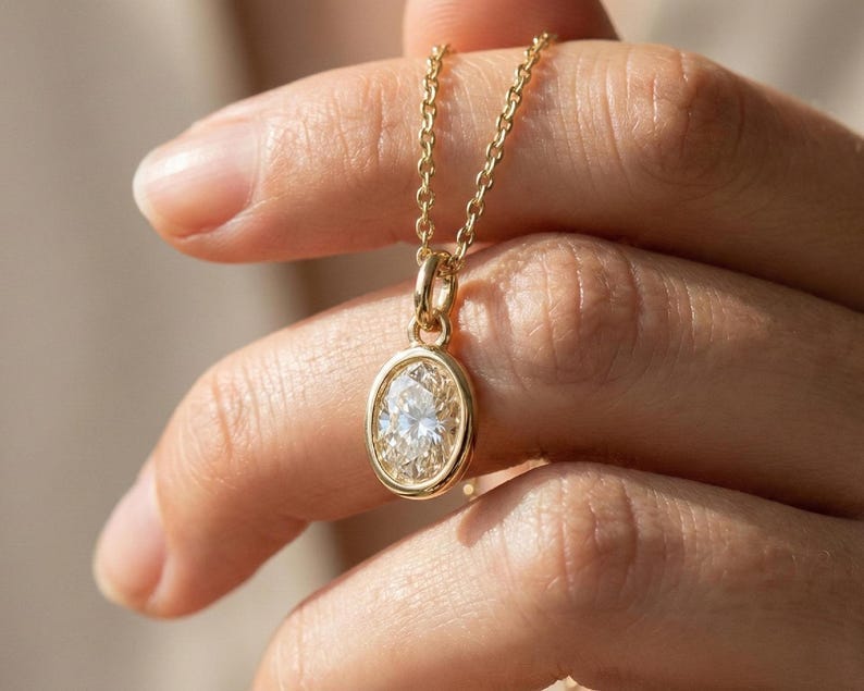 Bezel Lab Grown Diamond Necklace, Dainty Solitaire Pendant, 14K Gold Layering Chain, Minimalist…