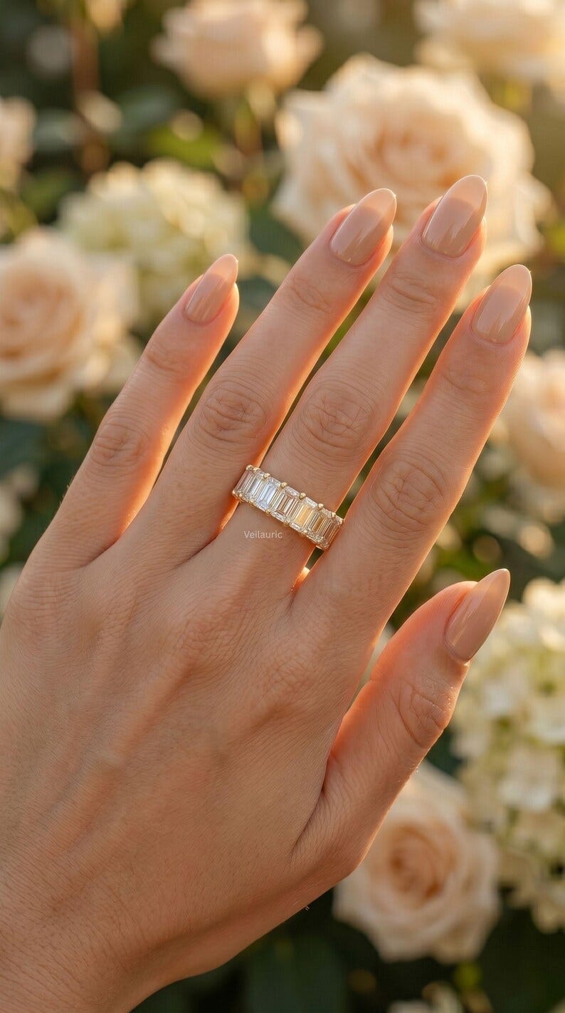 15 Pointer Emerald Cut Lab Grown Diamond Half Eternity Rings For Women | 14K Gold Stackable Wedding…