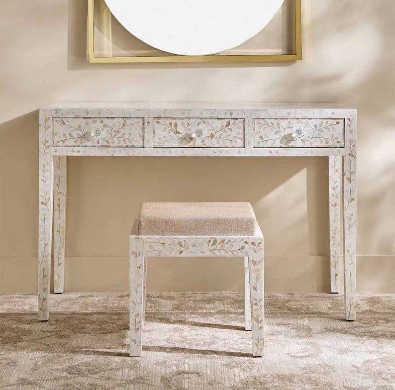 Mother of Pearl Inlay Console with Stool | Handmade Vanity Table Set | MOP Dressing Table | Boho…