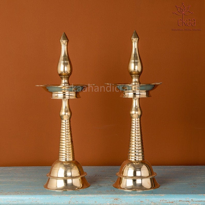 Handcrafted Brass Diya Stand | Indian Oil Lamp Set of 2 Brass Deepak for Home & Temple Décor |…